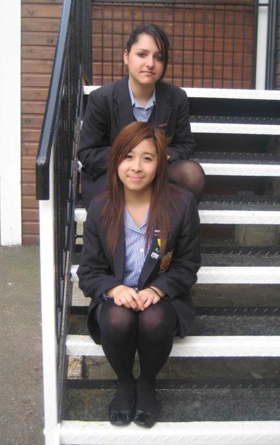 Two Schoolgirls wearing Black Opaque Pantyhose and Black Shoes